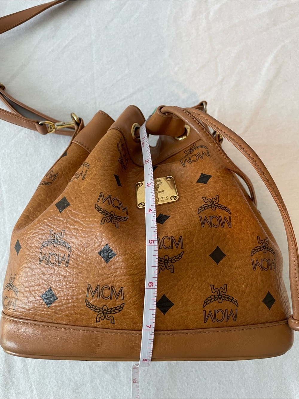 MCM Brown Logo Print Drawstring Bucket Bag w/ Detachable Strap Gold Hardware - Picture 14 of 15